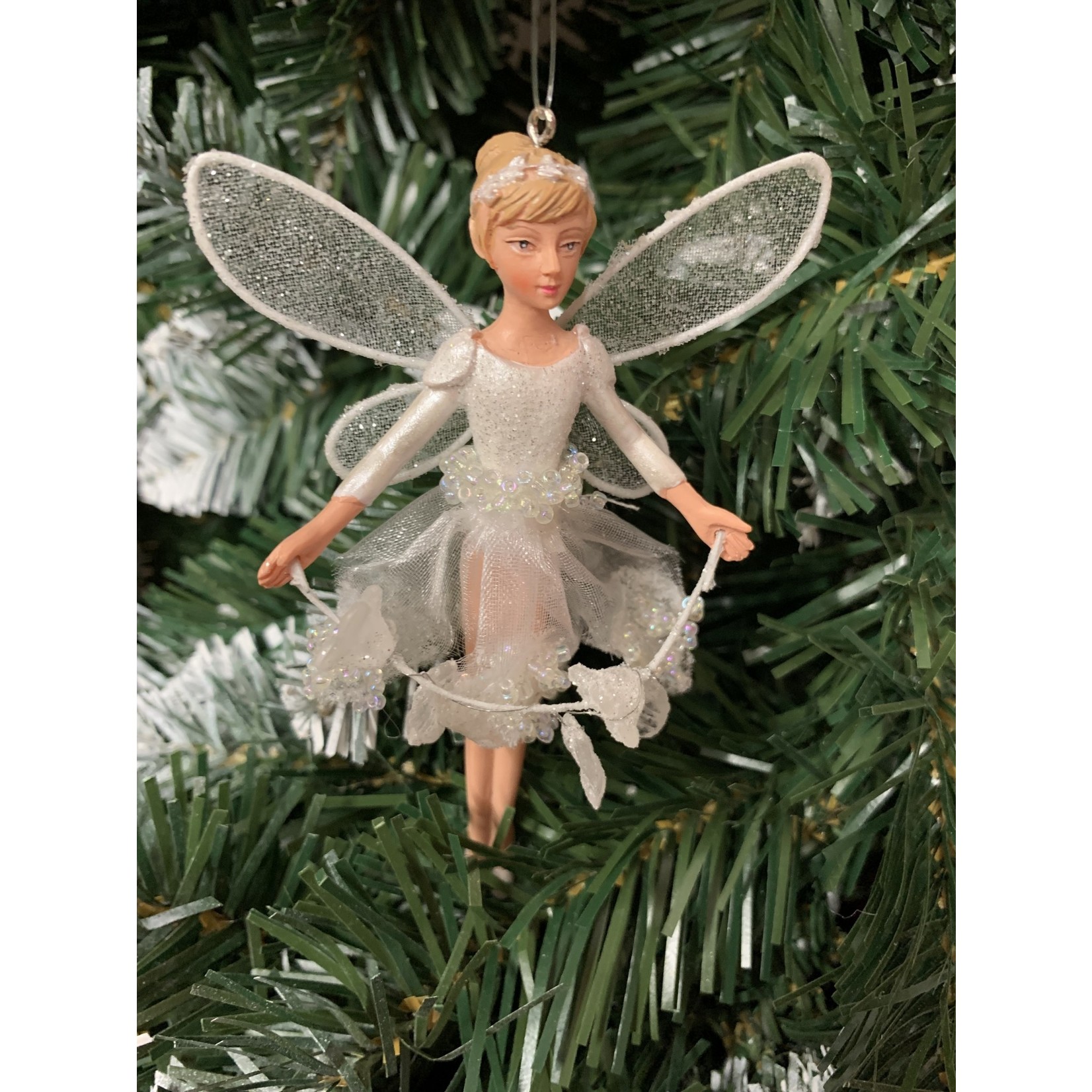Gisela Graham Sheer Iridescent White Fairy Arms Wide Hanging Decoration