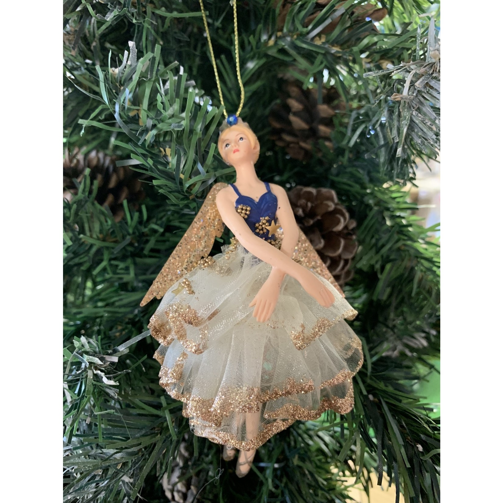 Cream, Blue & Gold Resin & Fabric Fairy Arms Down Tree Decoration
