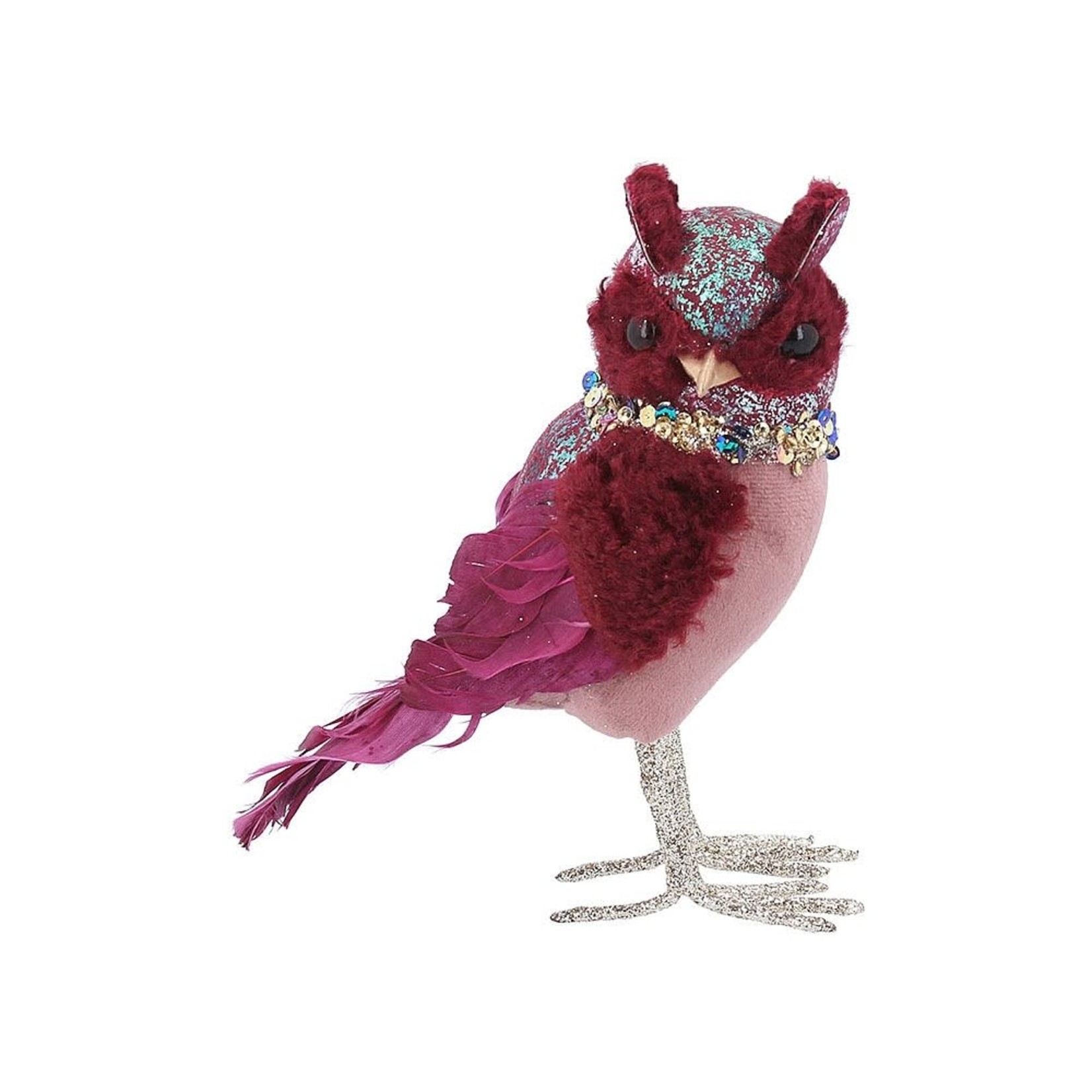 Burgundy Fabric Horned Owl with Sequins