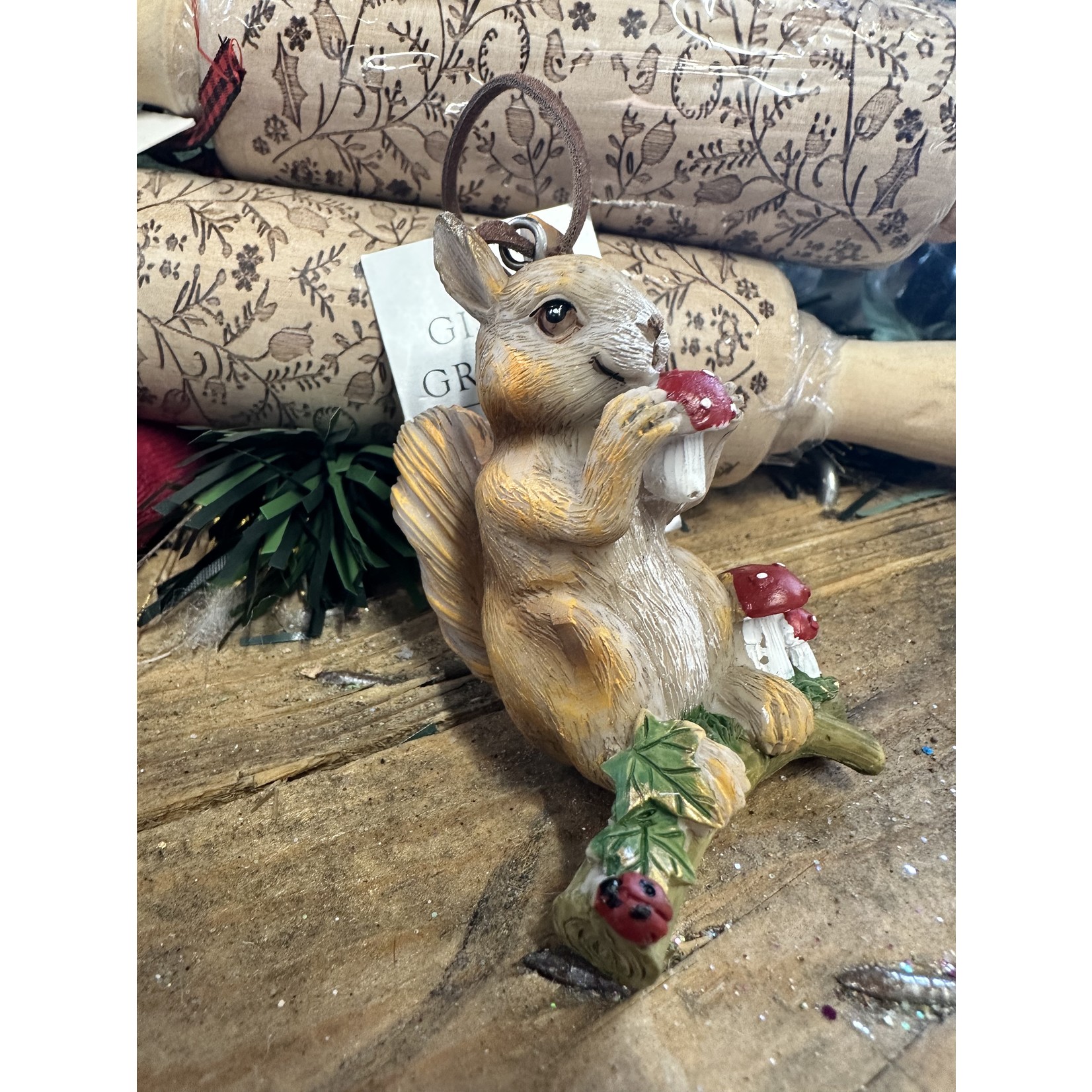 Resin Squirrel on Twig with Toadstools Christmas Decoration ( 2 designs to pick from)