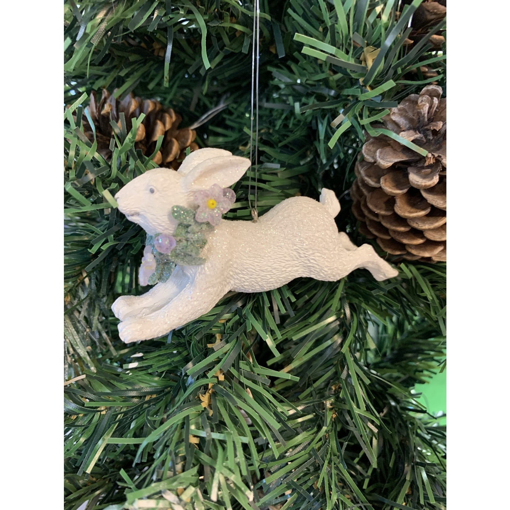 White Resin Hare with Wreath Jumping Tree Decoration