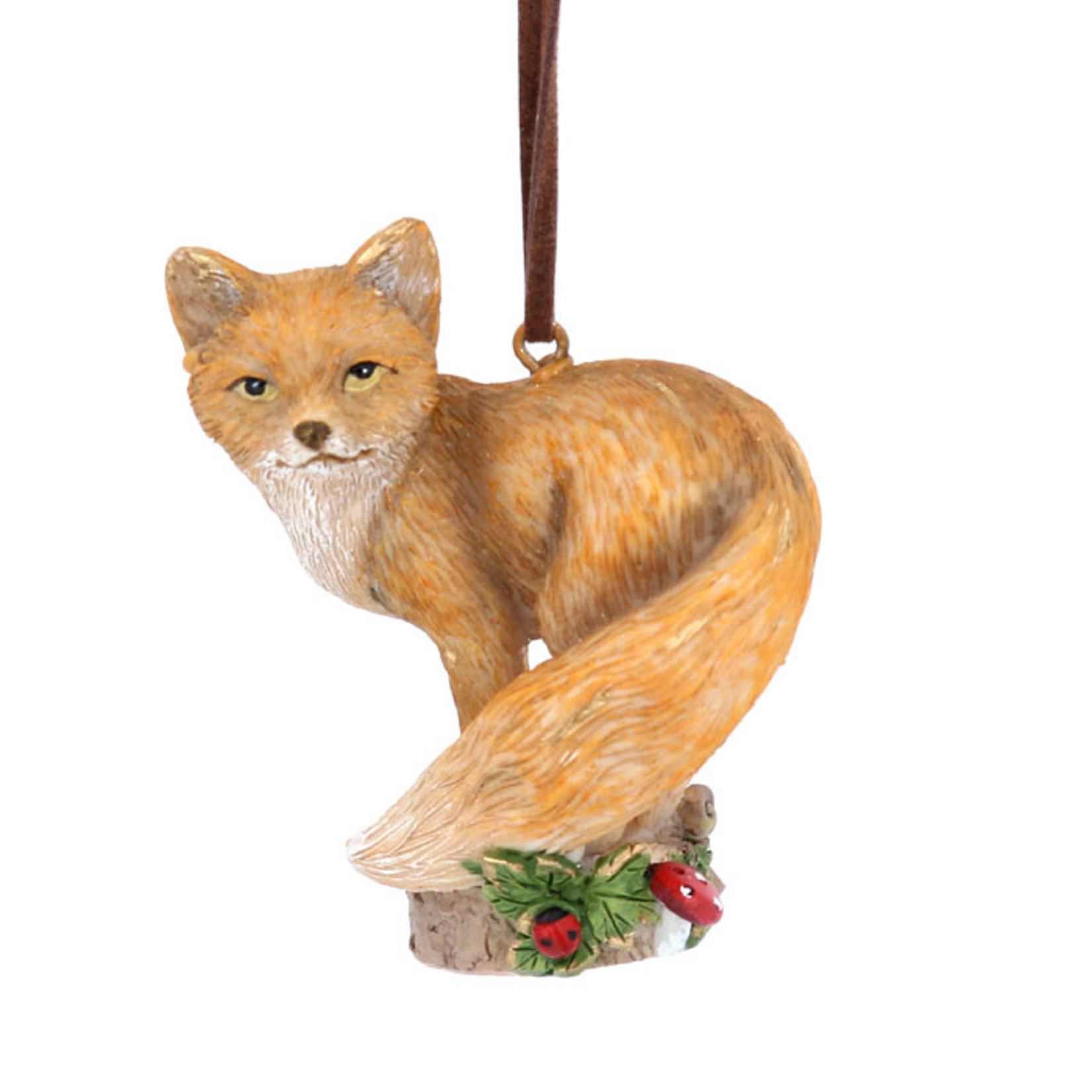 Resin Fox on Log with Toadstool Christmas Decoration