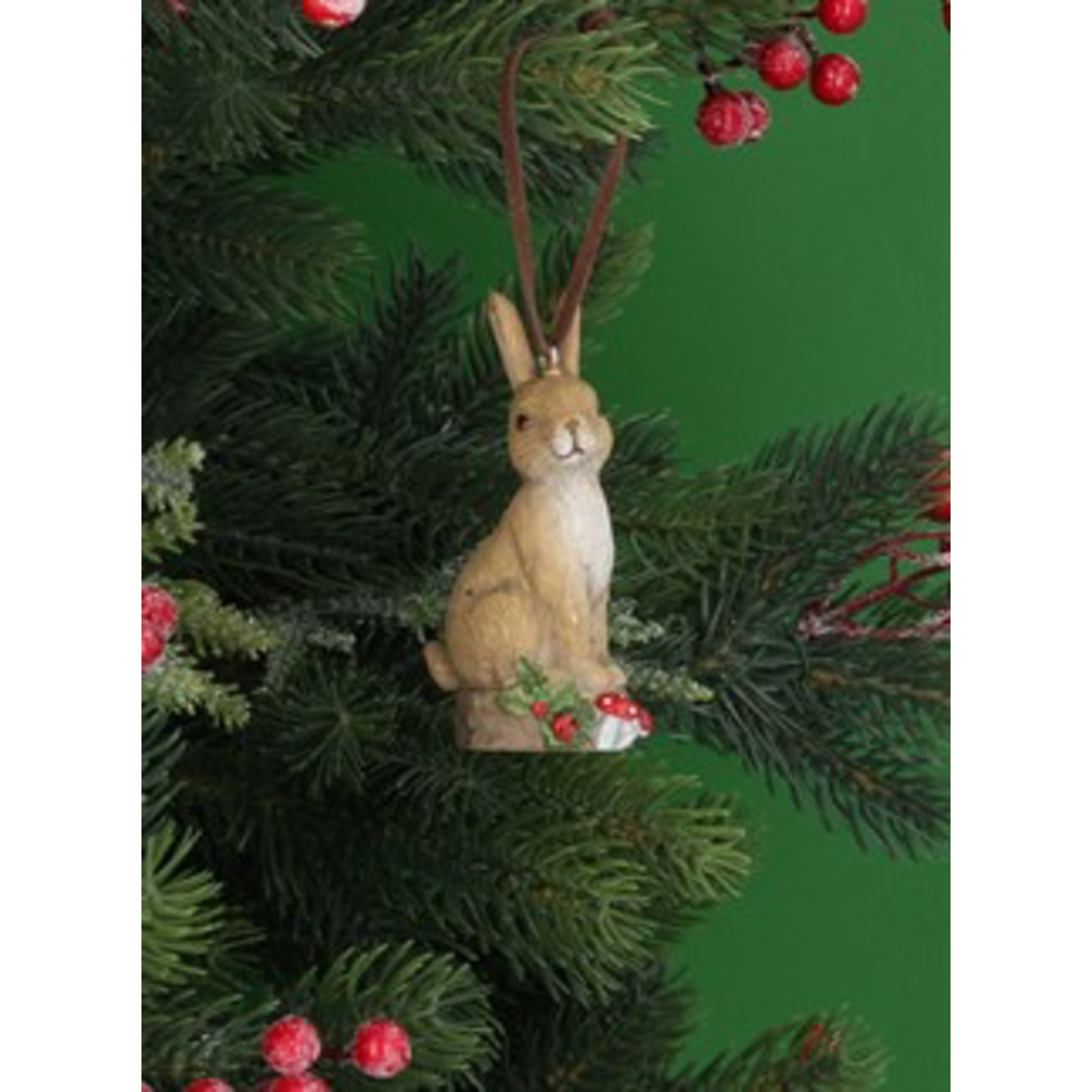 Gisela - Woodland Resin Rabbit on Log with Toadstool Christmas Decoration