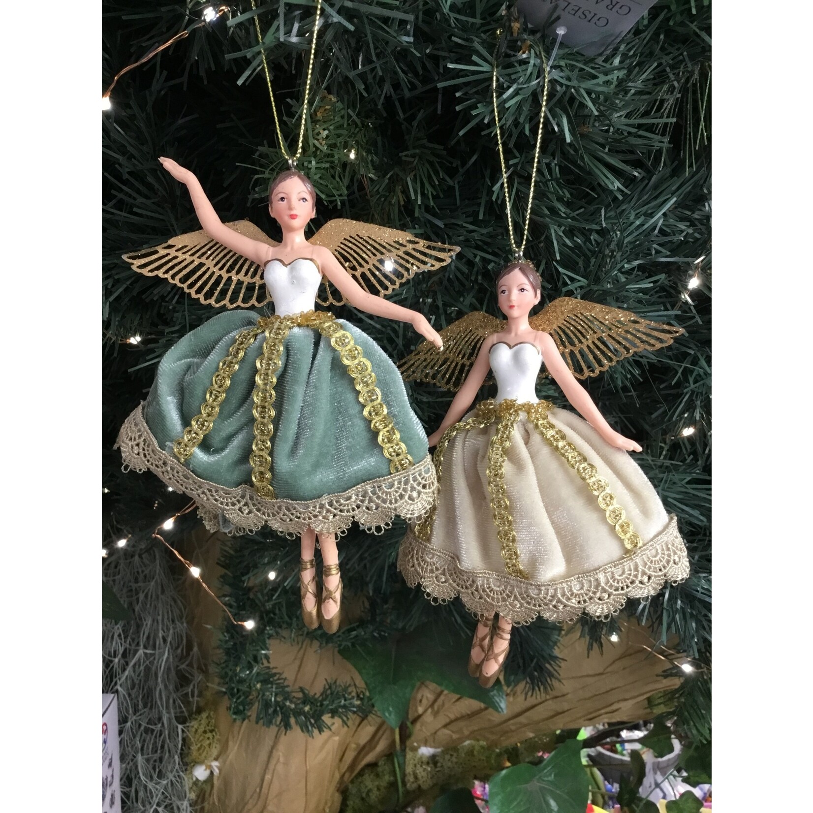 Gisela Graham Cream, Gold & Green Resin & Fabric Fairy Hanging Decoration (2 designs, sold separately)