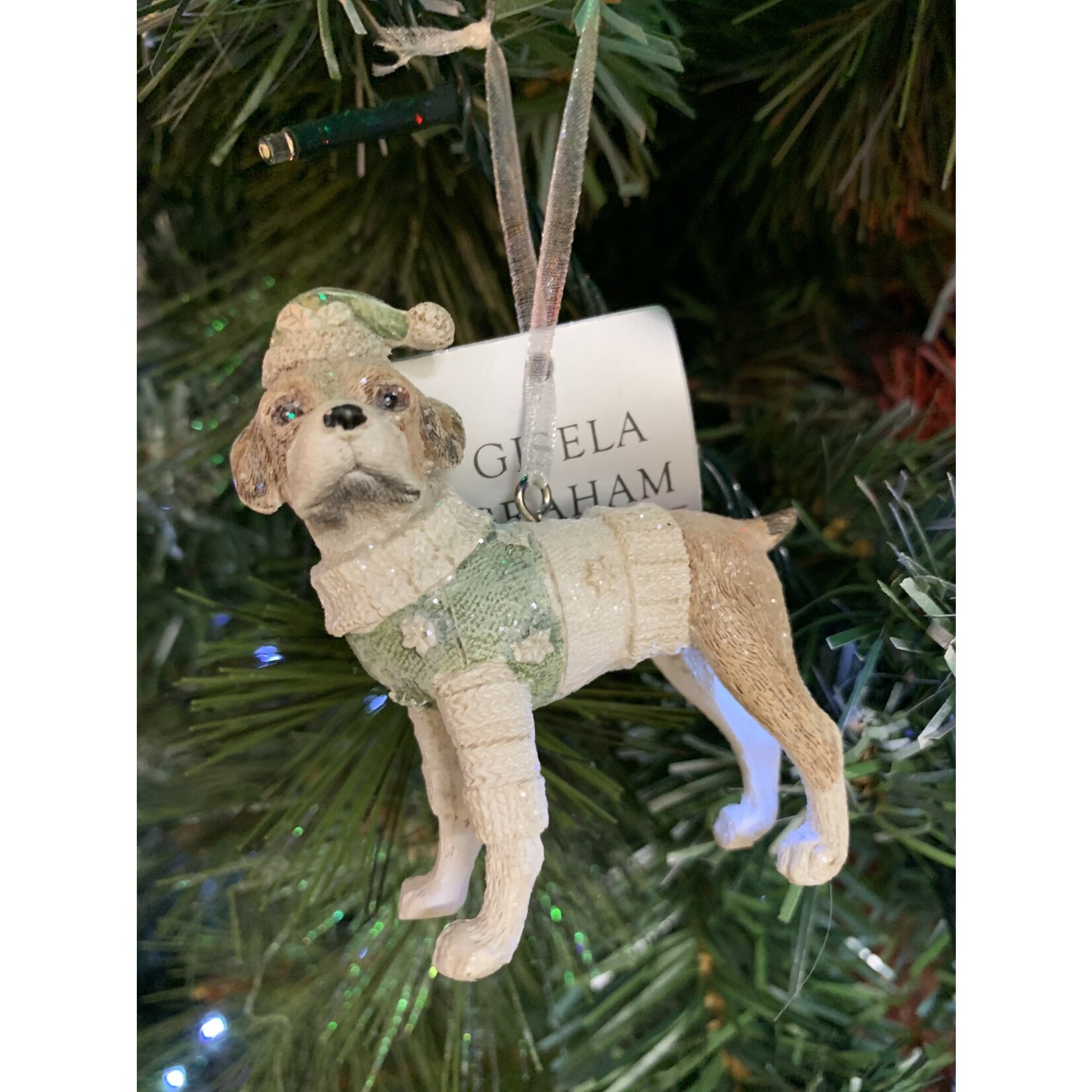 Gisela Graham Pastel Resin Dog Dressed In Green Hanging Decoration