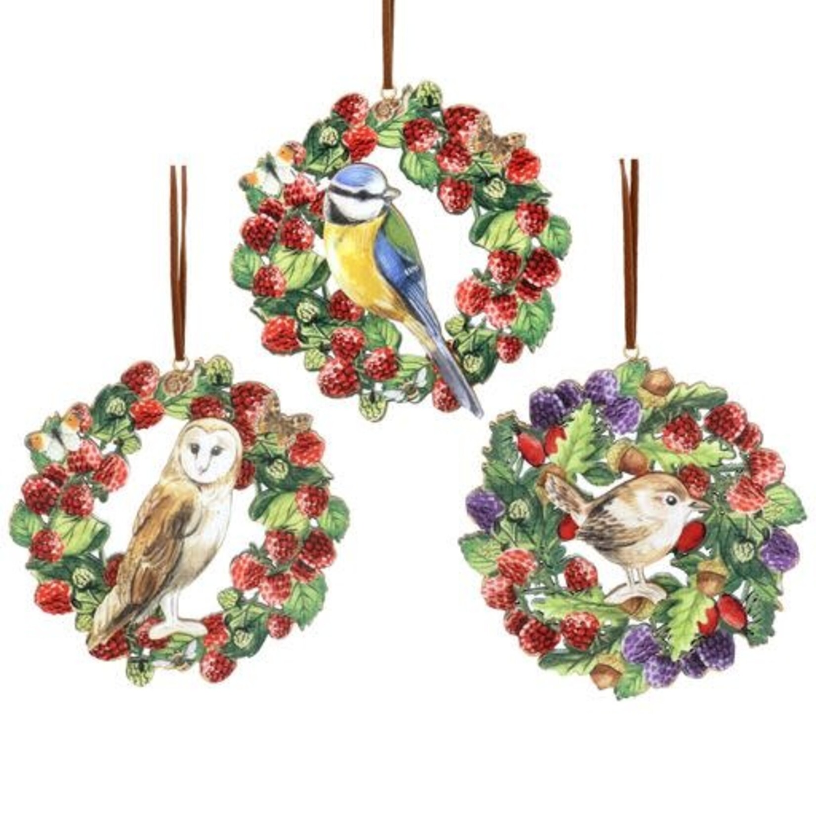 Wood Owl / Wren / Blue Tit w/Berries Disc Hanging Decoration ( 3 designs, sold separately )