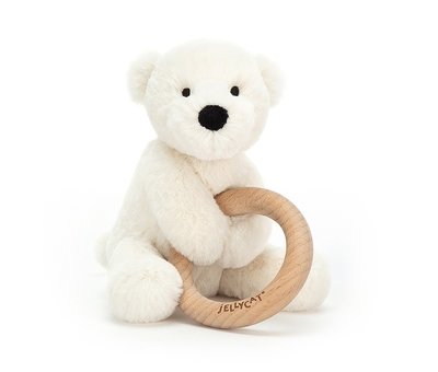 Jellycat Knuffel Rammelaar IJsbeer Shooshu Perry Polar Bear Wooden Ring Toy