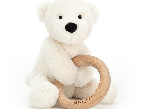 Jellycat Knuffel Rammelaar IJsbeer Shooshu Perry Polar Bear Wooden Ring Toy