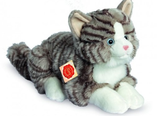 Hermann Teddy Knuffel Kat Grijs Getijgerd Liggend