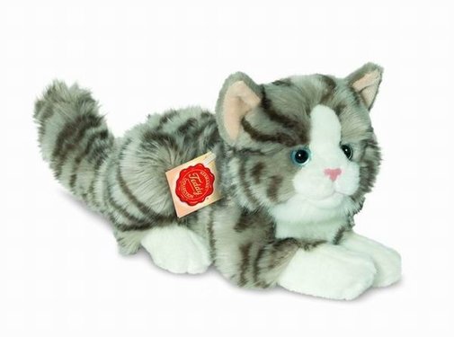 Hermann Teddy Knuffel Kat Grijs Getijgerd Liggend Klein