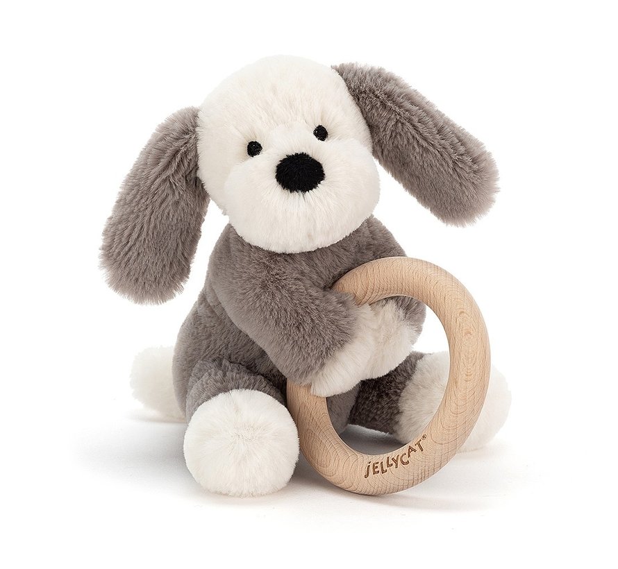 Knuffel Rammelaar Hond Shooshu Puppy Wooden Ring Toy