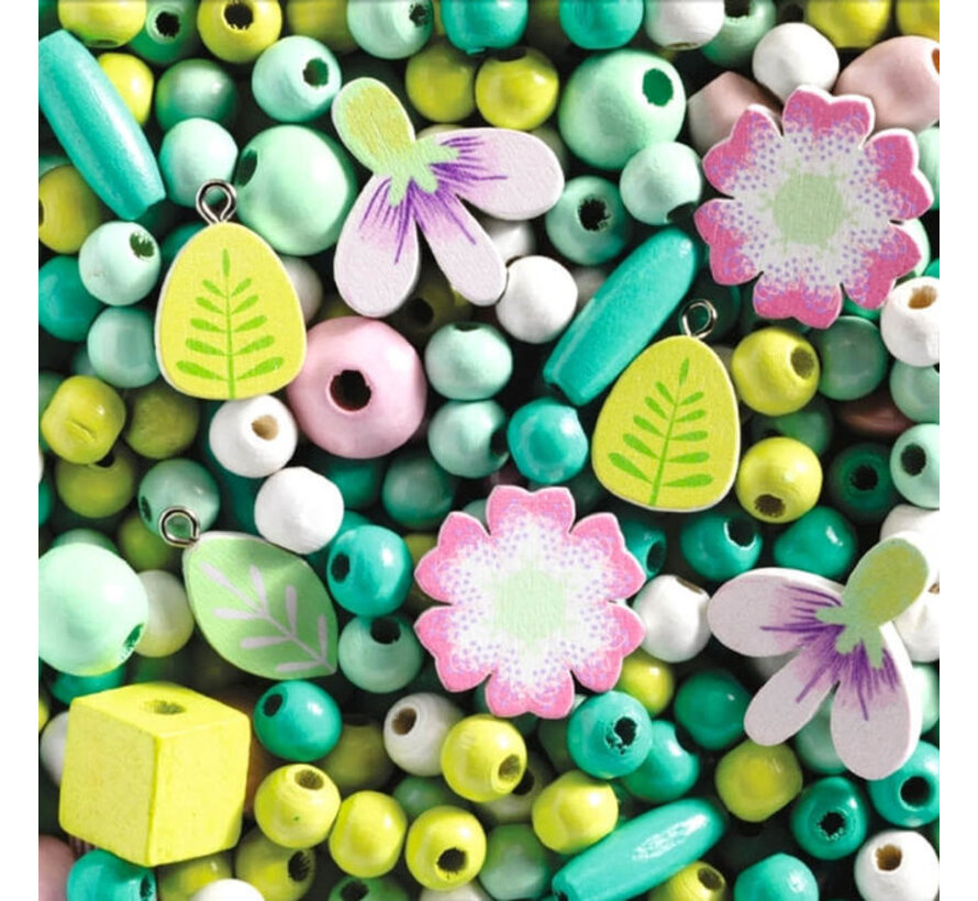 Wooden Beads Flowers and Leaves