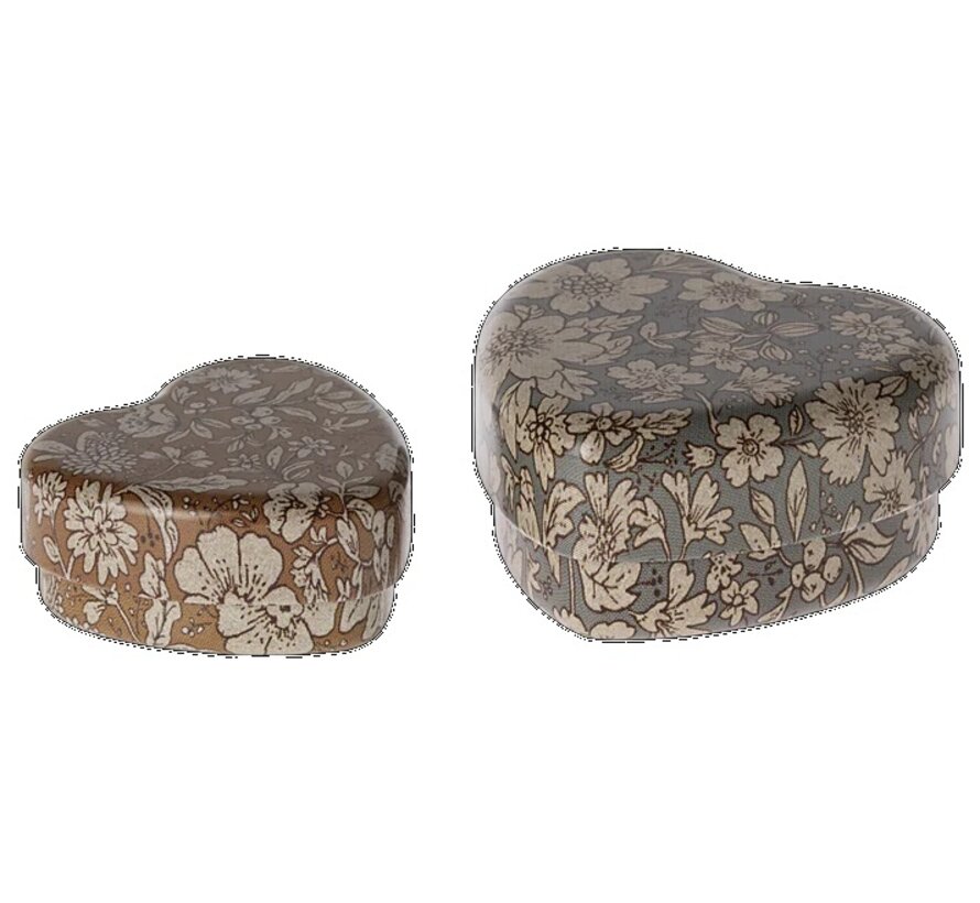 Metal heart box, 2 pcs set - Blue/Ocher blossom