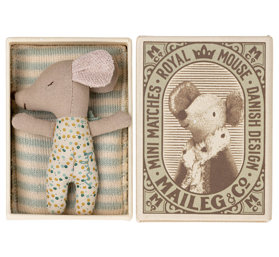 Sleepy/wakey baby mouse in matchbox - Blue