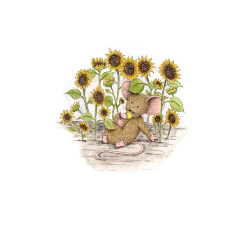 Anillustration Ansichtkaart Zonnebloemen met muisje