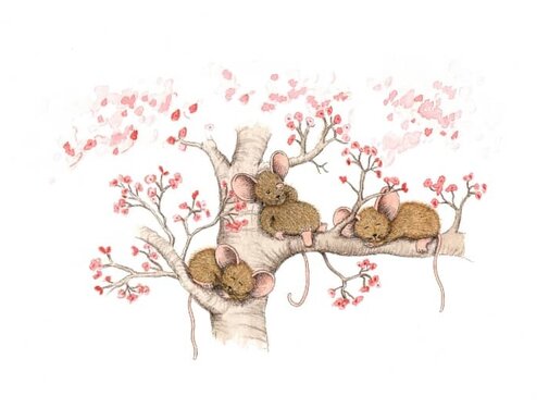 Ansichtkaart Slapende muisjes bloesemboom