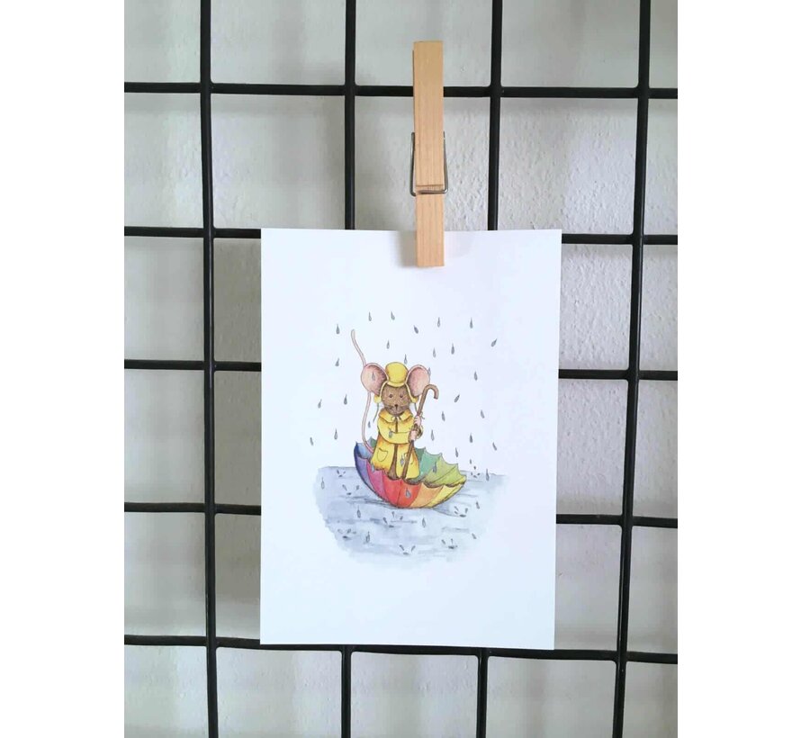 Ansichtkaart Muisje varen in paraplu