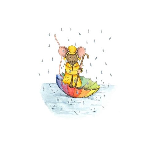 Anillustration Ansichtkaart Muisje varen in paraplu