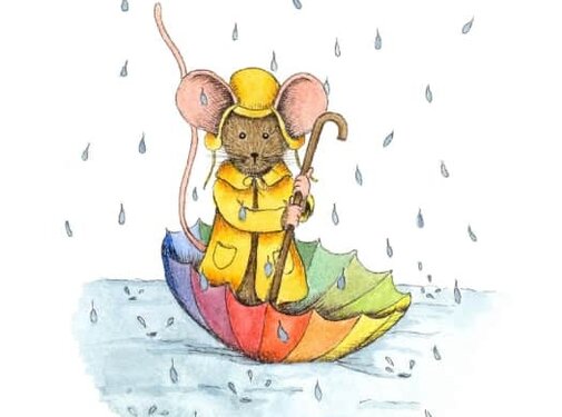 Anillustration Ansichtkaart Muisje varen in paraplu