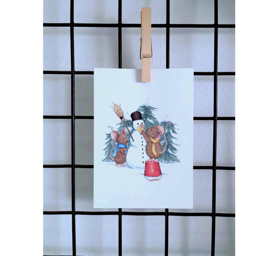 Ansichtkaart Muisjes maken sneeuwpop