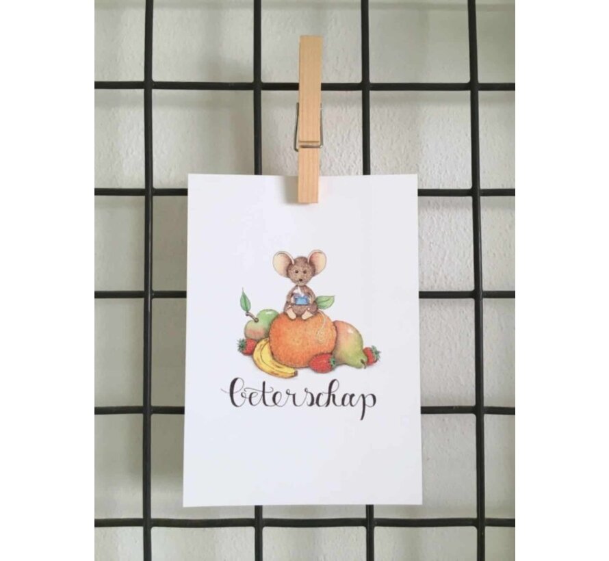 Ansichtkaart Beterschap muis op fruit