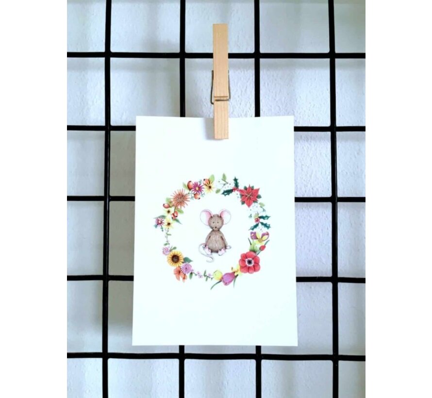 Ansichtkaart Muisje  in bloemenkrans