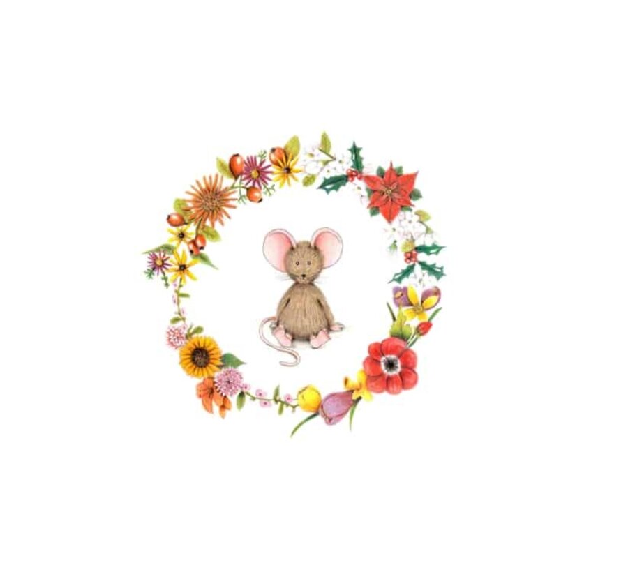 Ansichtkaart Muisje  in bloemenkrans