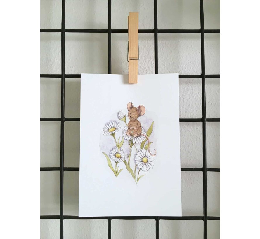 Ansichtkaart Muisje op Madeliefjes