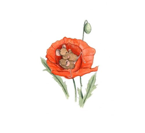 Ansichtkaart Slapende muisjes in klaproos