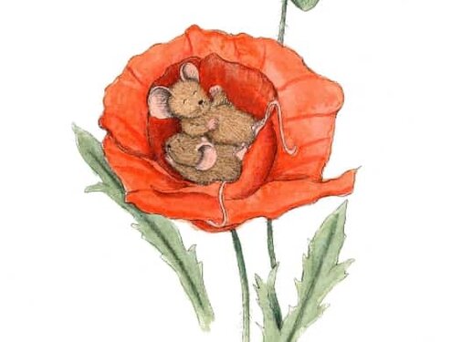 Anillustration Ansichtkaart Slapende muisjes in klaproos