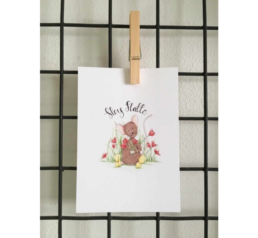 Ansichtkaart Hey hallo muisje met tulpen