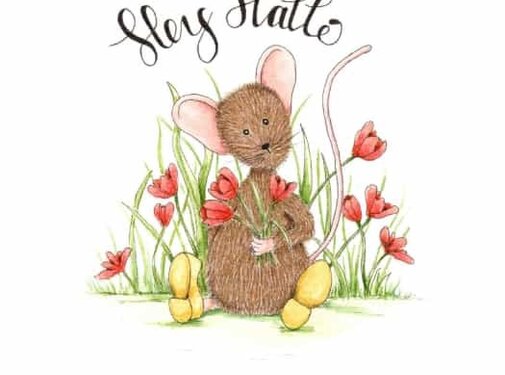 Ansichtkaart Hey hallo muisje met tulpen