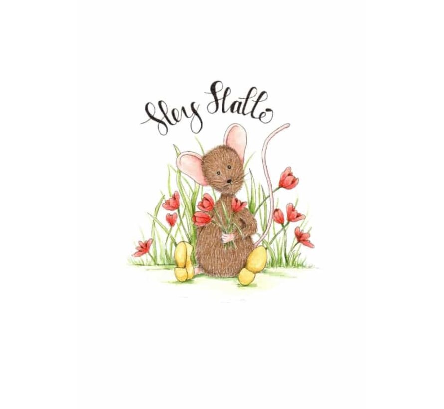 Ansichtkaart Hey hallo muisje met tulpen