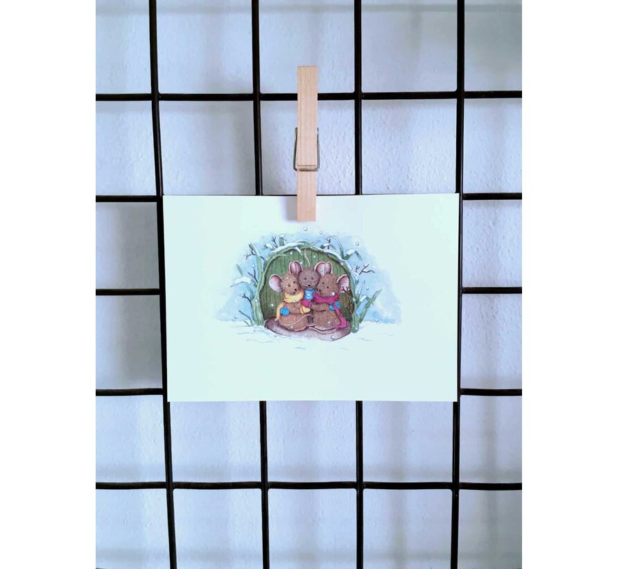 Ansichtkaart Muisjes schuilen voor sneeuw