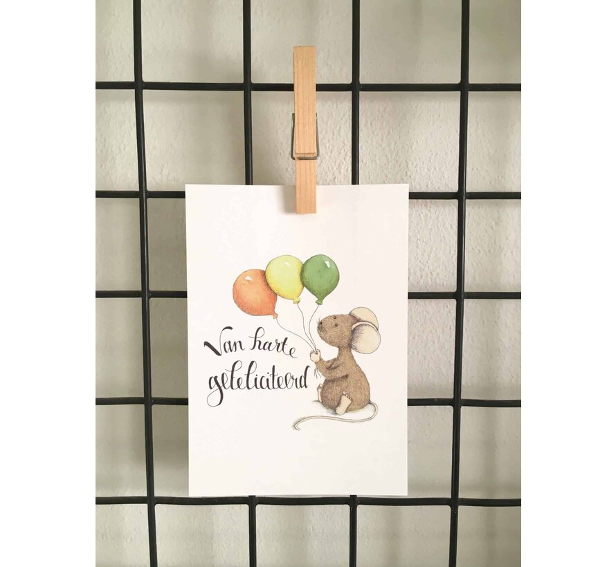 Ansichtkaart Muis met drie ballonnen vast