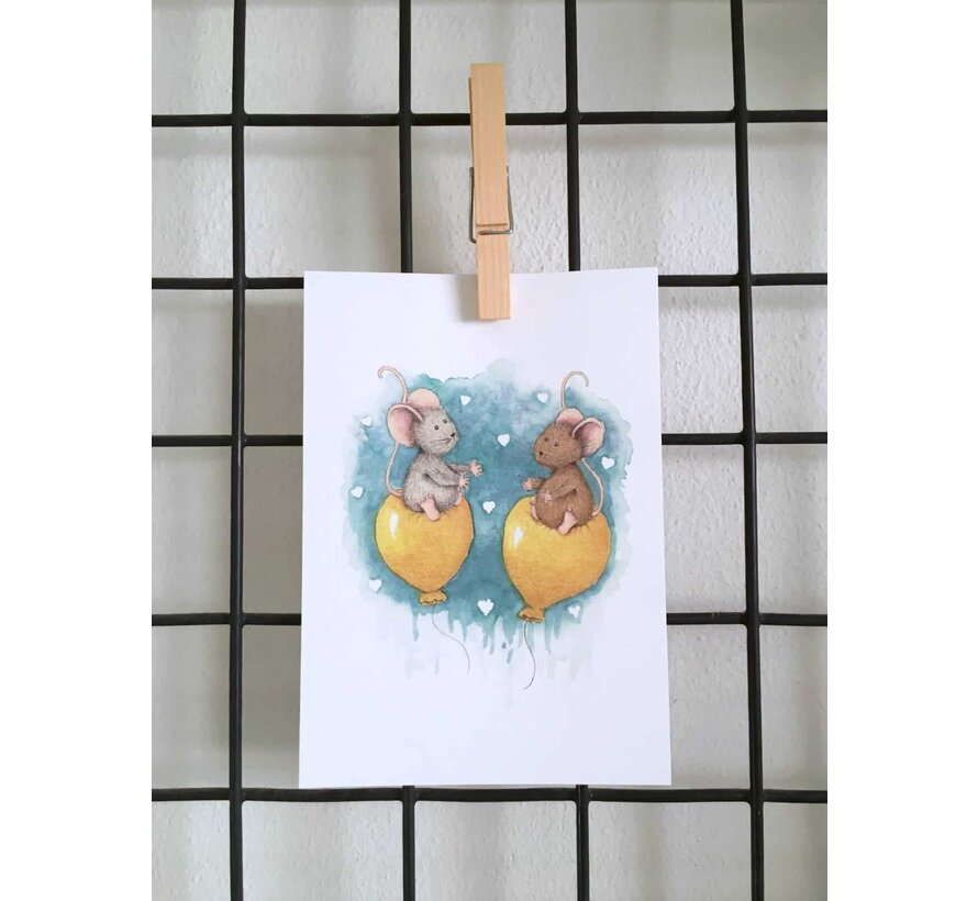 Ansichtkaart Muisjes op gele ballonnen liefde