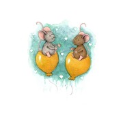 Anillustration Ansichtkaart Muisjes op gele ballonnen liefde