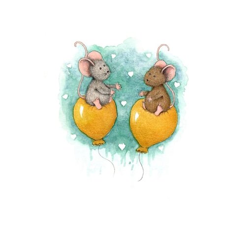 Anillustration Ansichtkaart Muisjes op gele ballonnen liefde