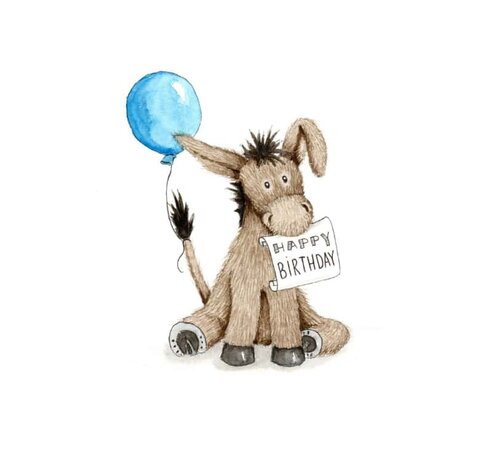 Anillustration Ansichtkaart Gefeliciteerd met ezel en ballon