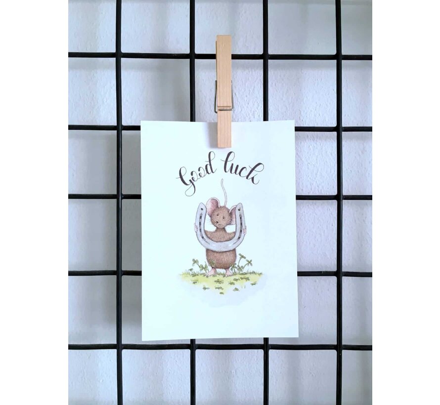 Ansichtkaart Muis met hoefijzer good luck