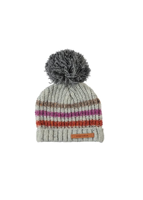 PIUPIUCHICK Piupiuchick knitted hat grey w/ muiticolor stripes and dark grey pompon | S