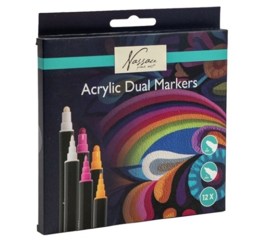 Acrylmarkers - dual tip - 12 kleuren