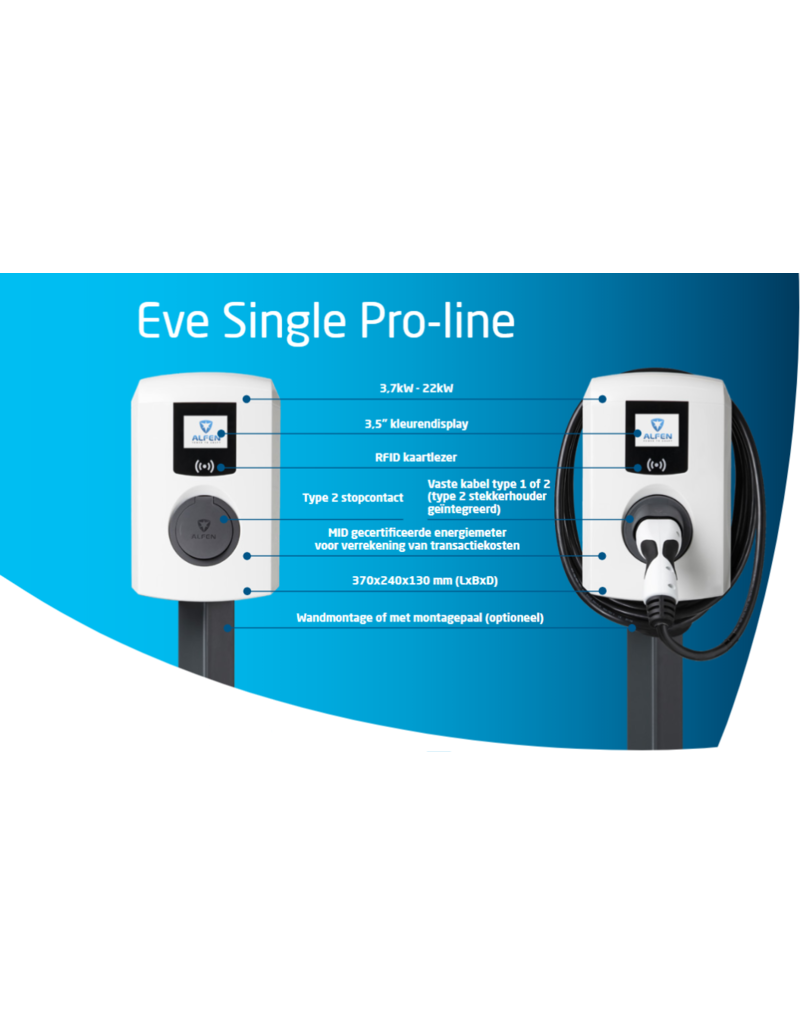 Alfen Eve Single Pro-Line, 3F, 22kW, 5m kabel, wit of grijs