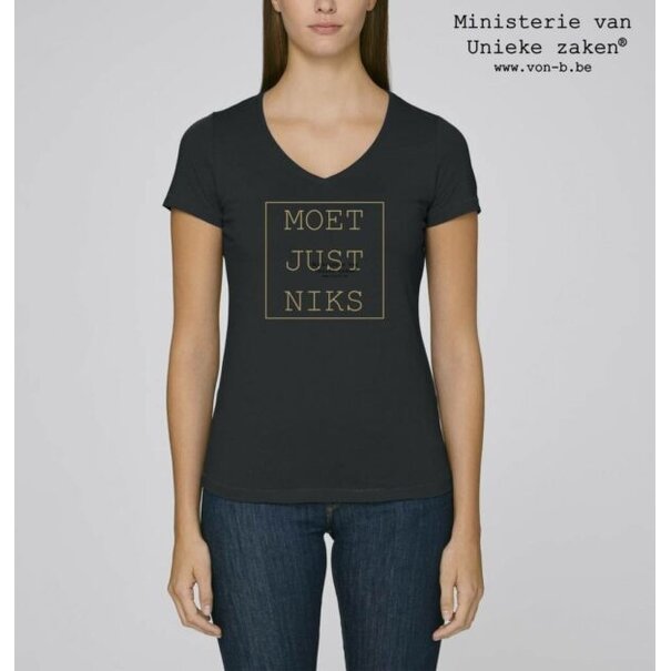 Ministerie van Unieke Zaken Moet Just Niks - T-shirt Vrouw -zwart/goud V-hals