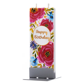 Platte handgemaakte kaars - Gelukkige verjaardag met bloemenprint