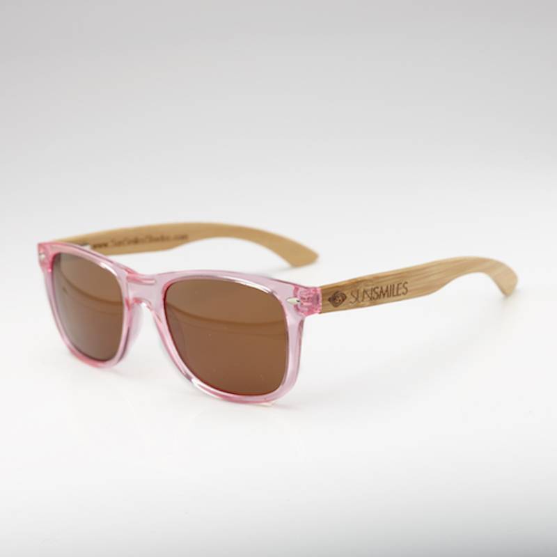 Bamboo Wood Panto Clear Sunglasses with Pink Lenses