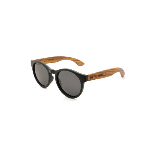 Runde Sonnenbrille aus Holz mit grauer Gläsern und schwarzem Rahmen