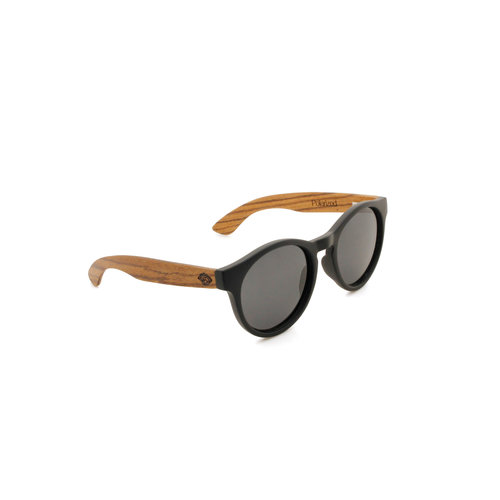 Runde Sonnenbrille aus Holz mit grauer Gläsern und schwarzem Rahmen