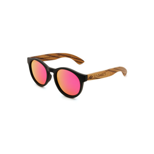 Runde Sonnenbrille aus Holz mit rosa verspiegelten Gläsern und schwarzem Rahmen