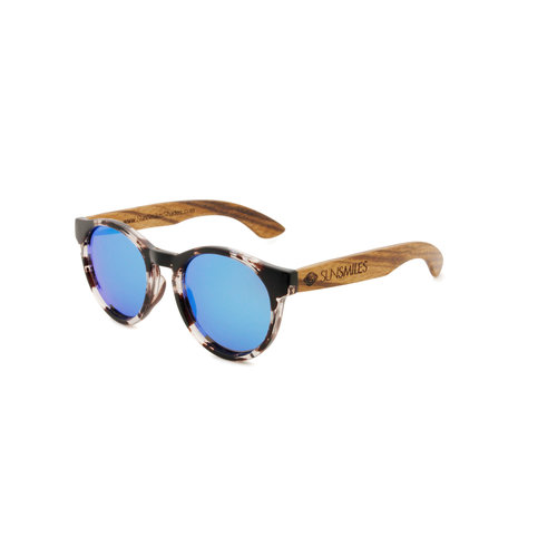 Runde Sonnenbrille aus Holz mit blau verspiegelten Gläsern und gemustertem Rahmen